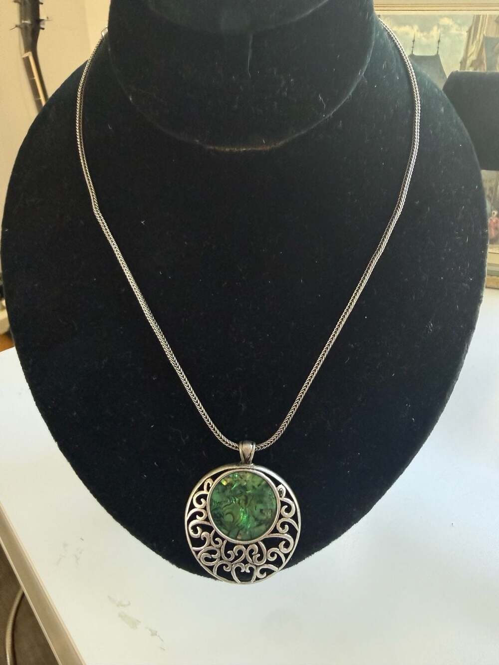 Silver-Tone Filigree Openwork Pendant Necklace with Green Abalone Shell